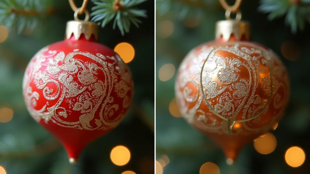 Comparison of a pristine and damaged vintage ornament