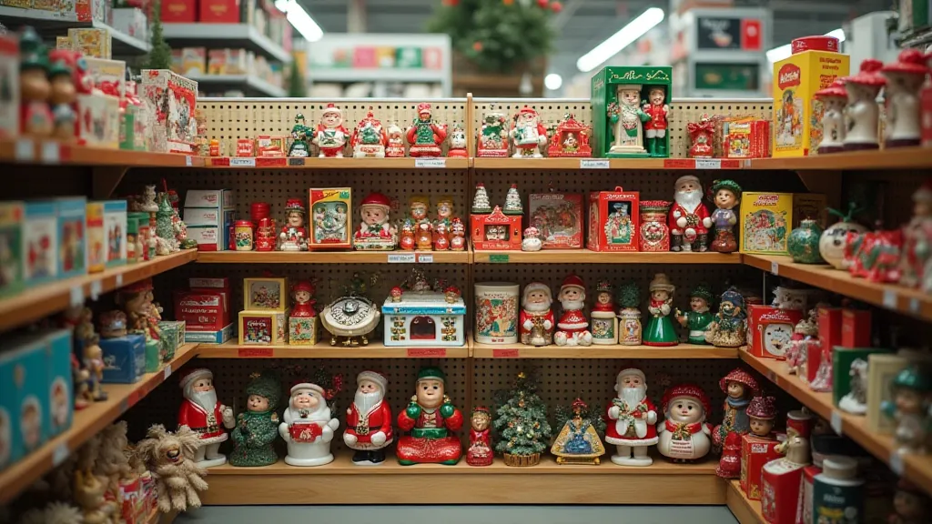 Vintage ornaments on a thrift store shelf